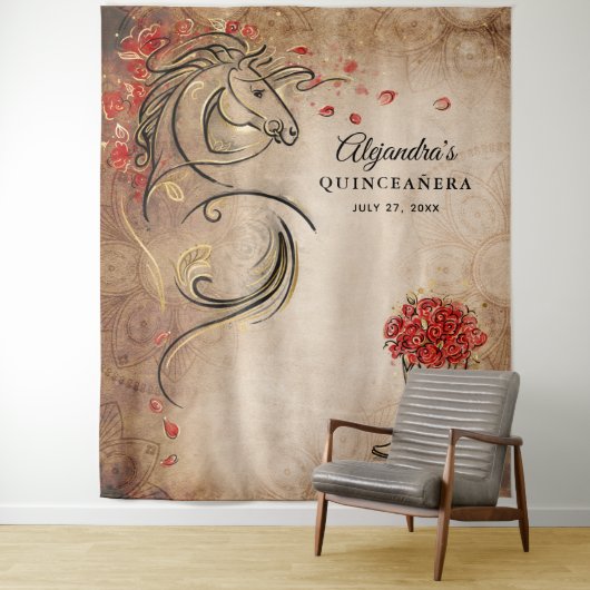 Red Gold Horse Rustic Photo Backdrop Tapestries Wandkleed (In situ)