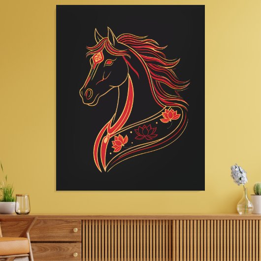 Red & Gold Horse with Lotus, Spiritual Symbolic Canvas Afdruk (Insitu (Woonkamer))