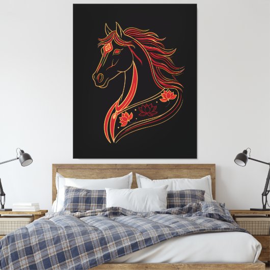 Red & Gold Horse with Lotus, Spiritual Symbolic Canvas Afdruk (Insitu (Slaapkamer))