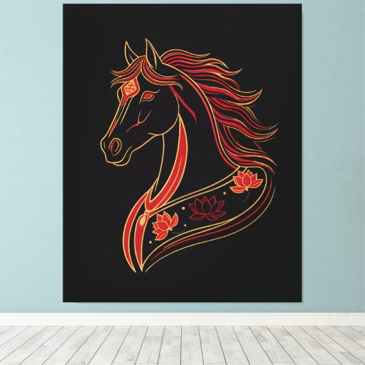 Red & Gold Horse with Lotus, Spiritual Symbolic Canvas Afdruk (Insitu (Houten vloer))