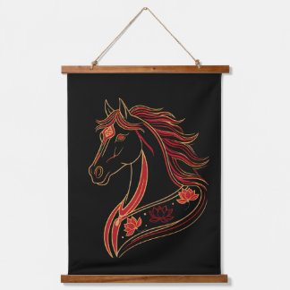 Red & Gold Horse with Lotus, Spiritual Symbolic Hangend Wandkleed