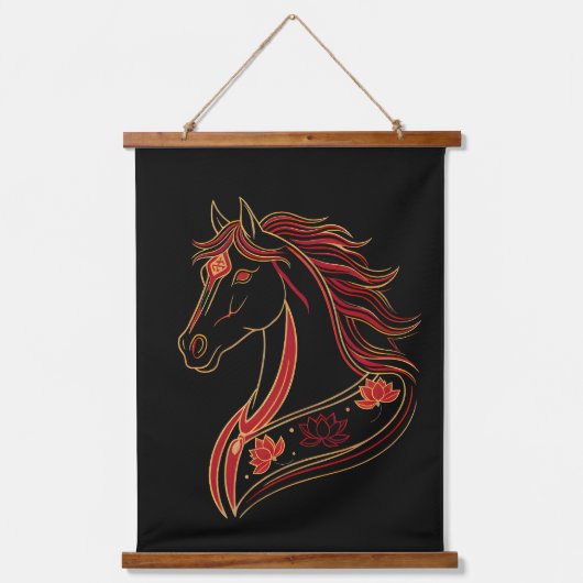 Red & Gold Horse with Lotus, Spiritual Symbolic Hangend Wandkleed (Voorkant)