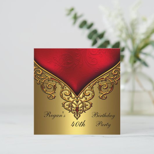 Red Gold Jewel 40e Elegant Birthday Party Kaart (Staand voorkant)