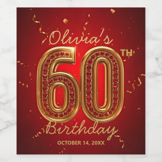  Red Gold Jewels Elegant Milestone 60th Birthday Wijn Etiket (Enkel label)