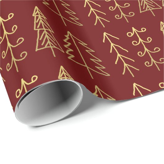 Red Gold kerstbomen Pattern Modern Cadeaupapier (Rol Hoek)
