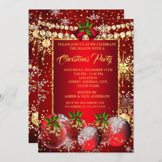 Red Gold kerstfeestdag Baubles Holly Kaart (Voorkant / Achterkant)