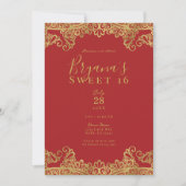 Red & Gold Lace Elegant Sweet 16 Party Kaart (Voorkant)