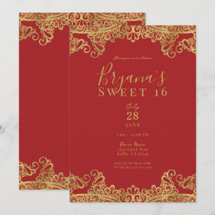 Red & Gold Lace Elegant Sweet 16 Party Kaart
