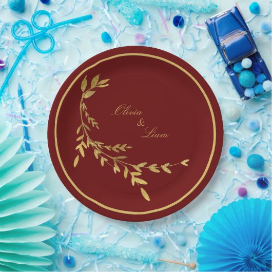 Red Gold Leaf Elegant Name Script Weddenschap Papieren Bordje (Feest)