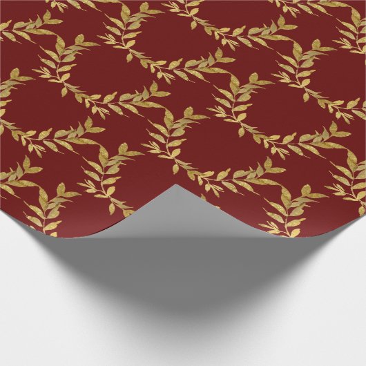 Red Gold Leaf Monogram Elegant Chic Wedding Cadeaupapier (Hoek)