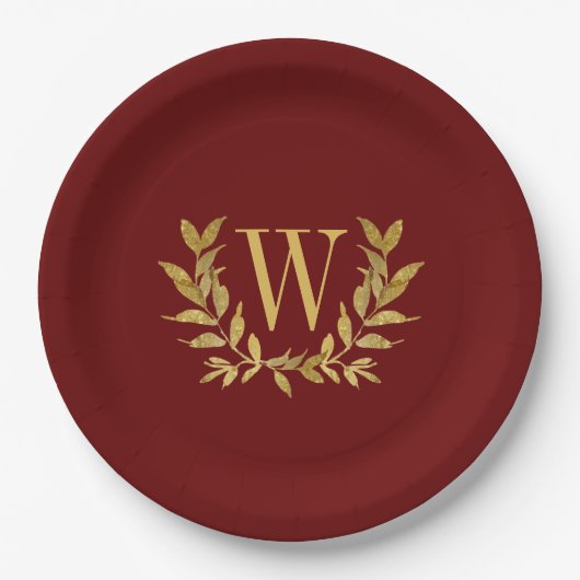 Red Gold Leaf Monogram Elegant Chic Wedding Papieren Bordje (Voorkant)