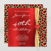 Red Gold Leopard Folie Gem Ribbon 40th Birthday Kaart (Voorkant / Achterkant)