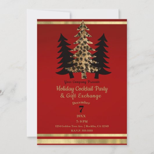 Red Gold Leopard Glam Christmas Tree Party Kaart (Voorkant)