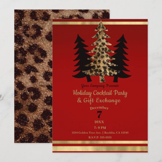Red Gold Leopard Glam Christmas Tree Party Kaart (Voorkant / Achterkant)