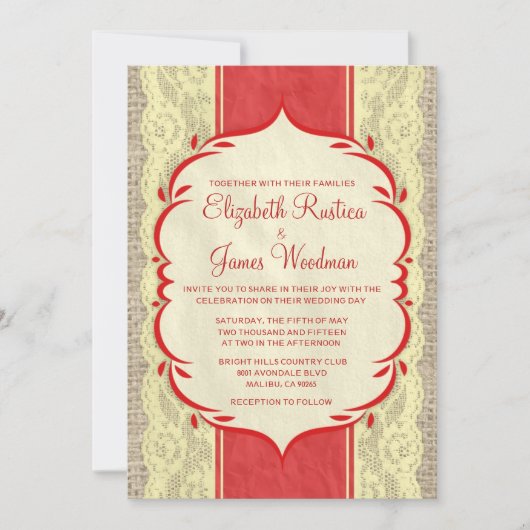 Red =Gold  Linen & Lace Wedding Invitations Kaart (Voorkant)