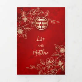 Red Gold Magnolia | Chinese bruiloft Drieluik Uitnodiging