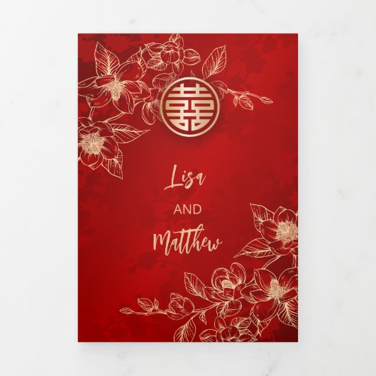 Red Gold Magnolia | Chinese bruiloft Drieluik Uitnodiging (Cover)