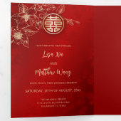 Red Gold Magnolia | Chinese bruiloft Drieluik Uitnodiging (Binnenzijde eerst)