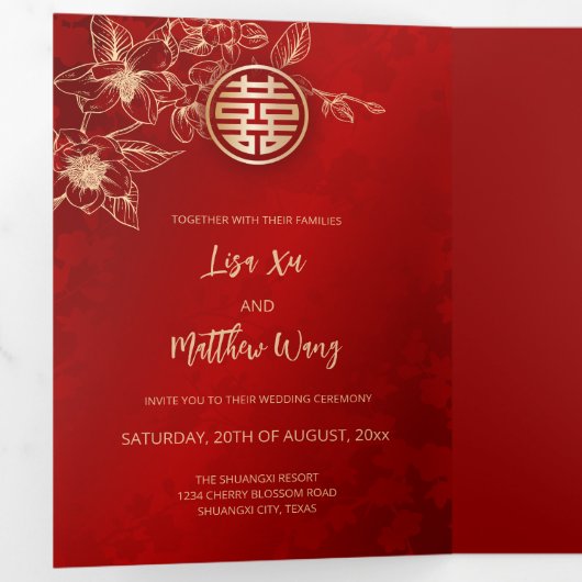 Red Gold Magnolia | Chinese bruiloft Drieluik Uitnodiging (Binnenzijde eerst)