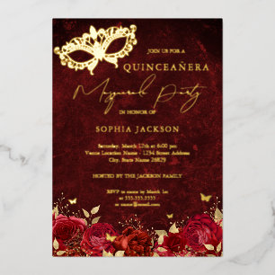 Red Gold Mask Masquerade Party Roos Quinceanera Folie Uitnodiging