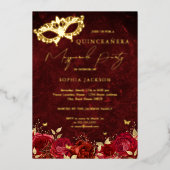 Red Gold Mask Masquerade Party Roos Quinceanera Folie Uitnodiging (Voorkant)