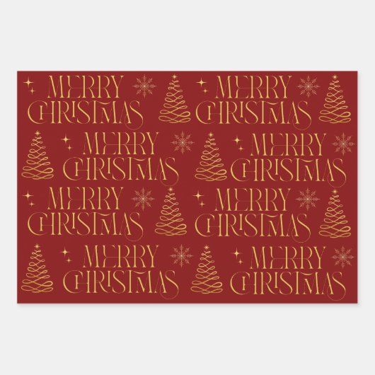 Red Gold Merry Christmas Tree Snowflake Stijlvol Inpakpapier Vel (Voorkant 2)