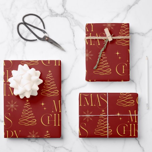 Red Gold Merry Christmas Tree Snowflake Stijlvol Inpakpapier Vel (Voorkant)