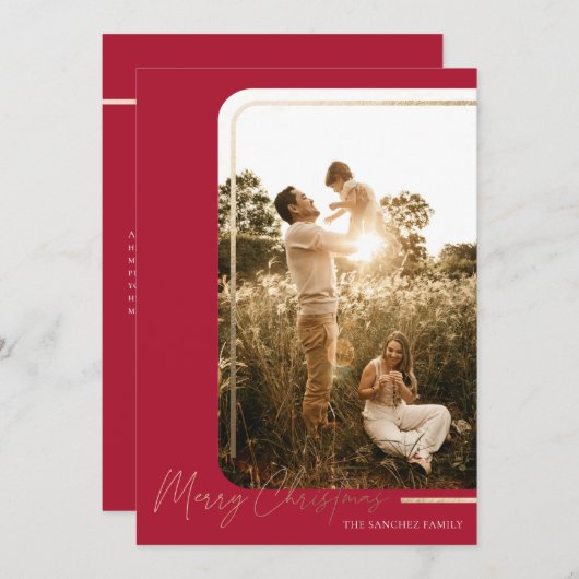Red Gold Modern Border Photo-kerstkaart  Feestdagenkaart (Voorkant / Achterkant)