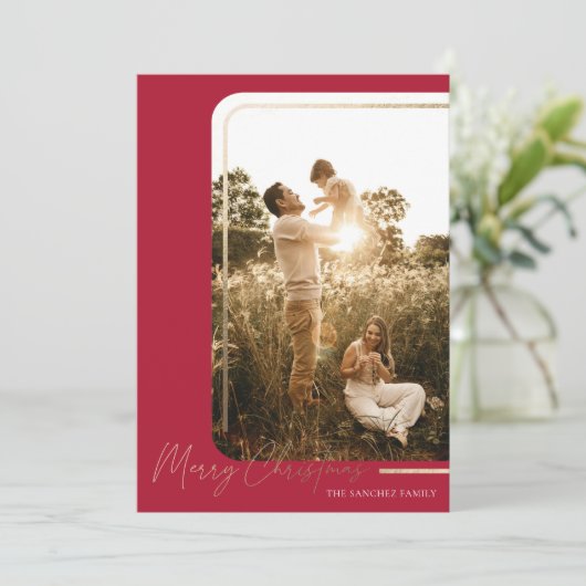 Red Gold Modern Border Photo-kerstkaart  Feestdagenkaart (Staand voorkant)