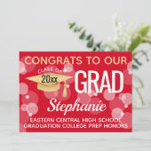 Red Gold Modern Confetti Bokeh Bubbles Afstuderen Kaart (Staand voorkant)