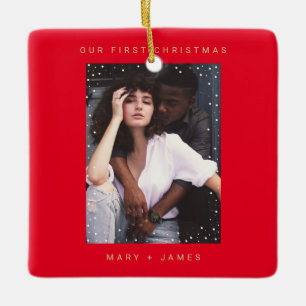 Red Gold Modern Merry en getrouwde foto Keramisch Ornament