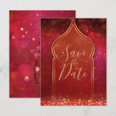 Red & Gold Moroccan Arabian Night Save the Date Aankondigingskaart (Voorkant / Achterkant)