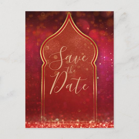 Red & Gold Moroccan Arabian Night Save the Date Aankondigingskaart (Voorkant)