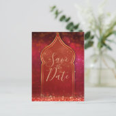 Red & Gold Moroccan Arabian Night Save the Date Aankondigingskaart (Staand voorkant)