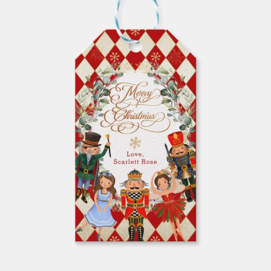Red Gold Nutcracker Merry Kerstfeestdag Cadeaulabel (Voorkant)