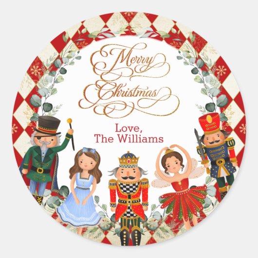 Red Gold Nutcracker Merry kerstparty Favors Ronde Sticker (Voorkant)