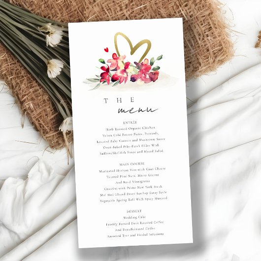 Red Gold Orchid Heart Floral Wedding Menu Card