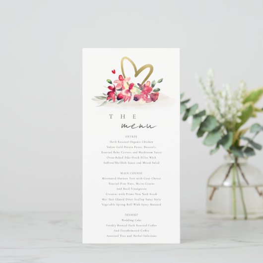 Red Gold Orchid Heart Floral Wedding Menu Card (Staand voorkant)