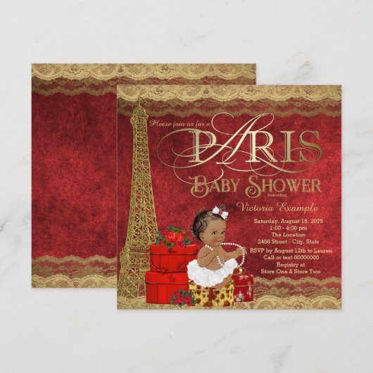 Red Gold Paris Etnisch Meisje Baby shower Kaart (Voorkant / Achterkant)