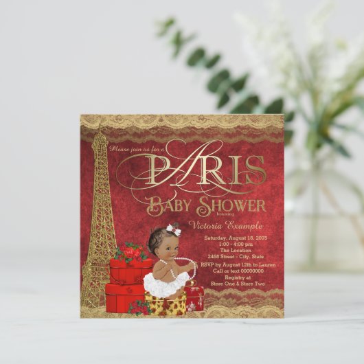 Red Gold Paris Etnisch Meisje Baby shower Kaart (Staand voorkant)