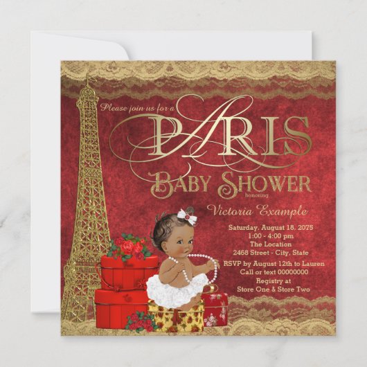 Red Gold Paris Etnisch Meisje Baby shower Kaart (Voorkant)