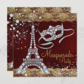 Red Gold Paris Masquerade Party Kaart (Voorkant / Achterkant)