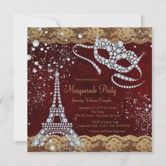Red Gold Paris Masquerade Party Kaart (Achterkant)