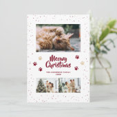 Red Gold Photo Snow Paws Meowy Christmas Card Feestdagenkaart (Staand voorkant)