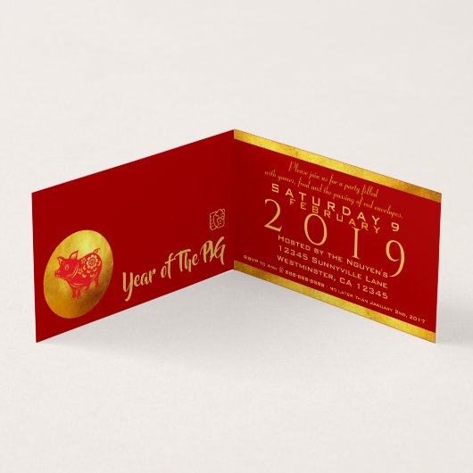 REd Gold Pig papercut 2019 Party Folded Card Visitekaartje (Binnen)