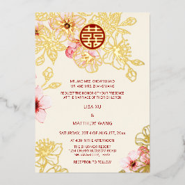 Red Gold  Pink Cherry Blossom Chinese Wedding Folie Uitnodiging