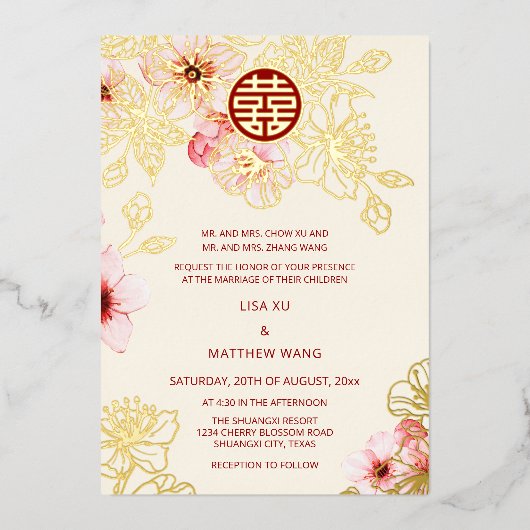 Red Gold  Pink Cherry Blossom Chinese Wedding Folie Uitnodiging (Voorkant)