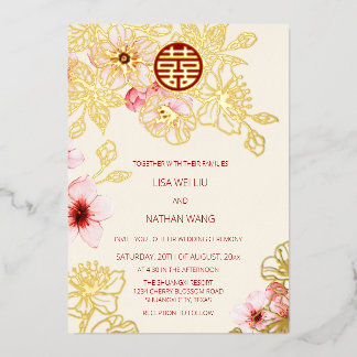 Red Gold  Pink Cherry Blossom Chinese Wedding Folie Uitnodiging