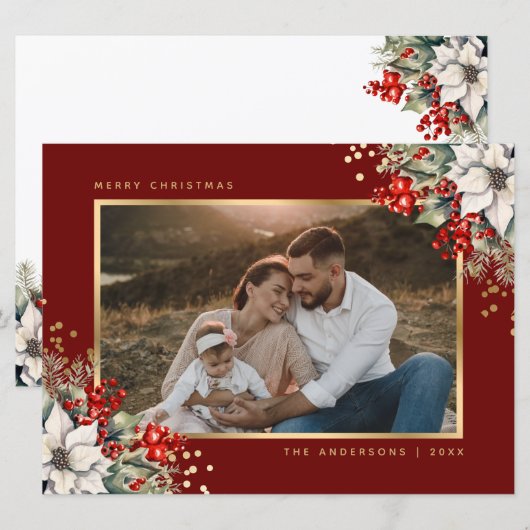 Red Gold Poinsettia Berries Photo Christmas Feestdagenkaart (Voorkant / Achterkant)