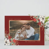 Red Gold Poinsettia Berries Photo Christmas Feestdagenkaart (Staand voorkant)